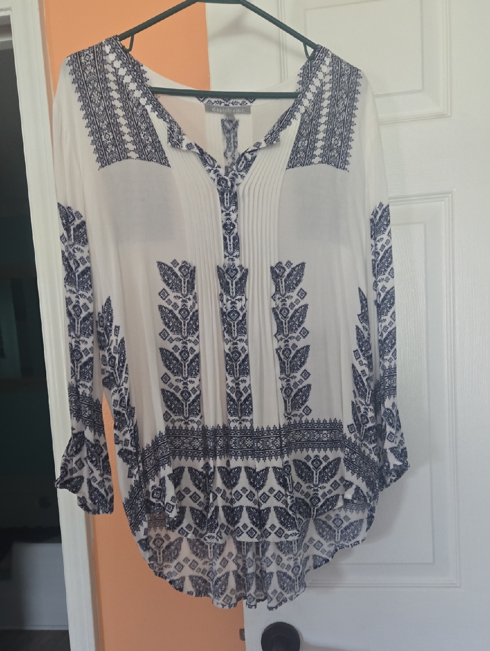 Daniel Rainn White Tunic with Navy Folk Print Accents